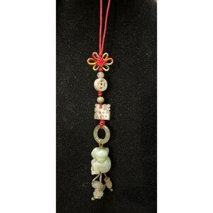 Hand-Carved Variegated Jade Chinese Charm Amulet With Red Cord & Intricate Knot